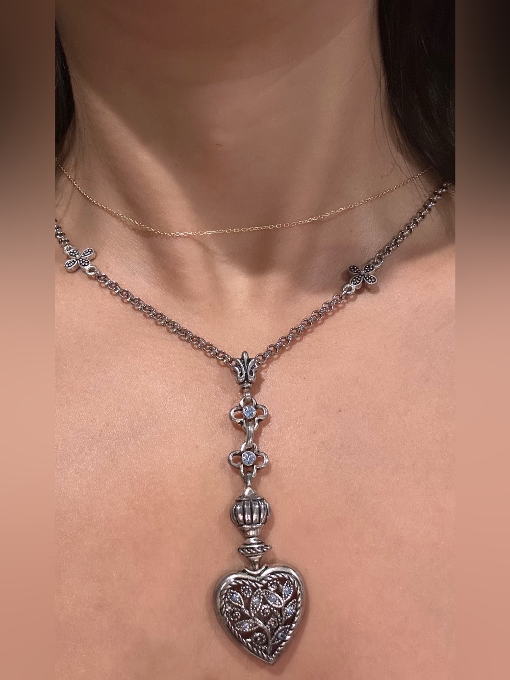 Silver Heart Pendant Necklace with blue Crystal Accents